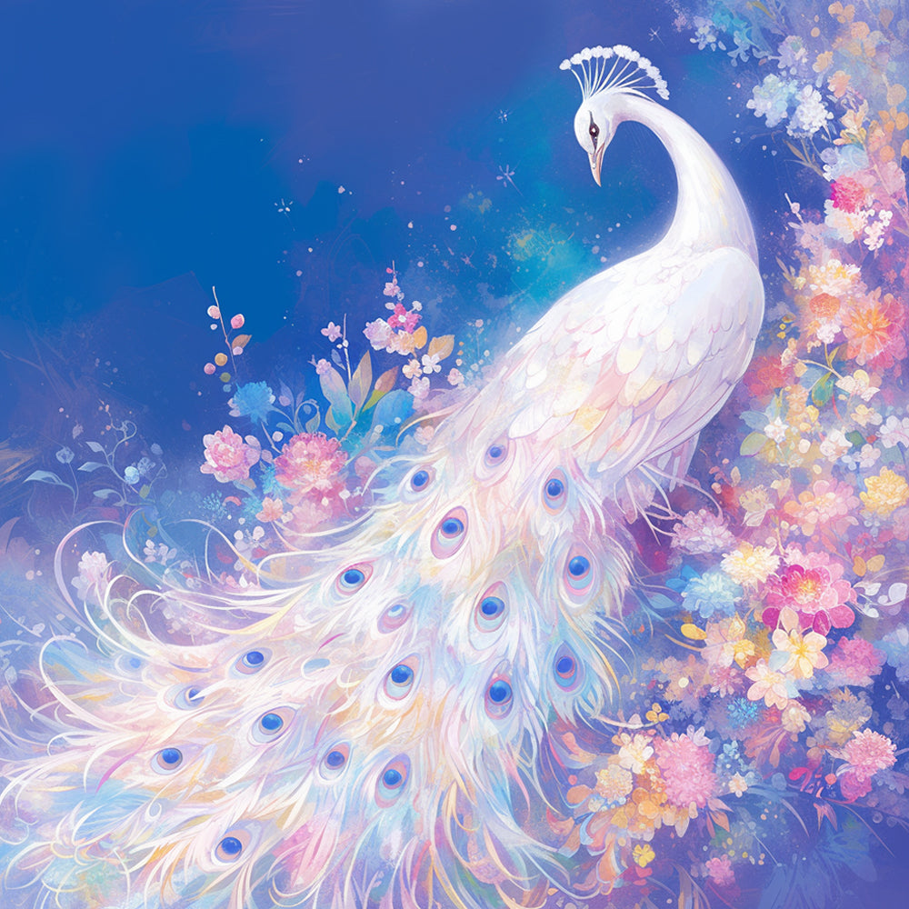 Elegant white peacock with flowers cross stitch kit for beginners