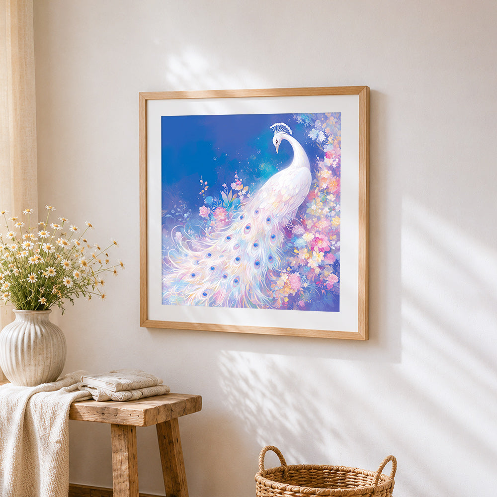 Elegant white peacock with flowers cross stitch artwork displayed on wall as home decor