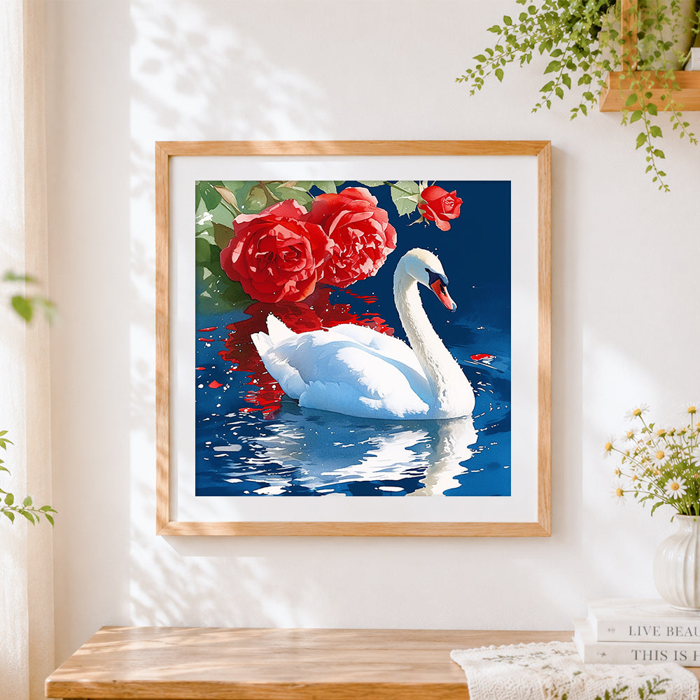 Finished elegant white swan with red roses cross stitch artwork displayed