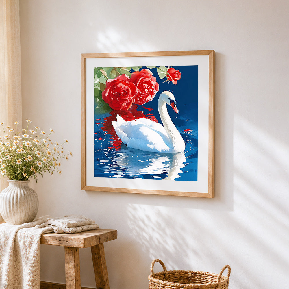 Elegant white swan with red roses cross stitch artwork displayed on wall as home decor