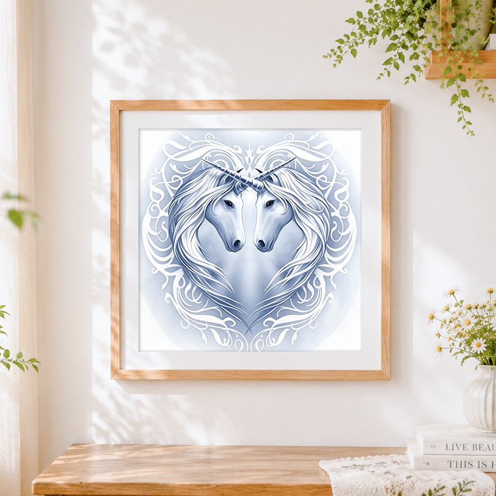 Finished elegant white unicorns in a heart cross stitch artwork displayed