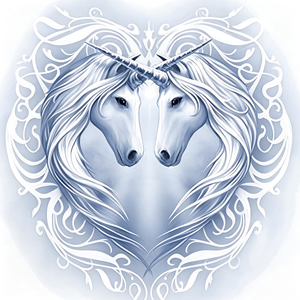 Elegant white unicorns in a heart cross stitch kit for beginners