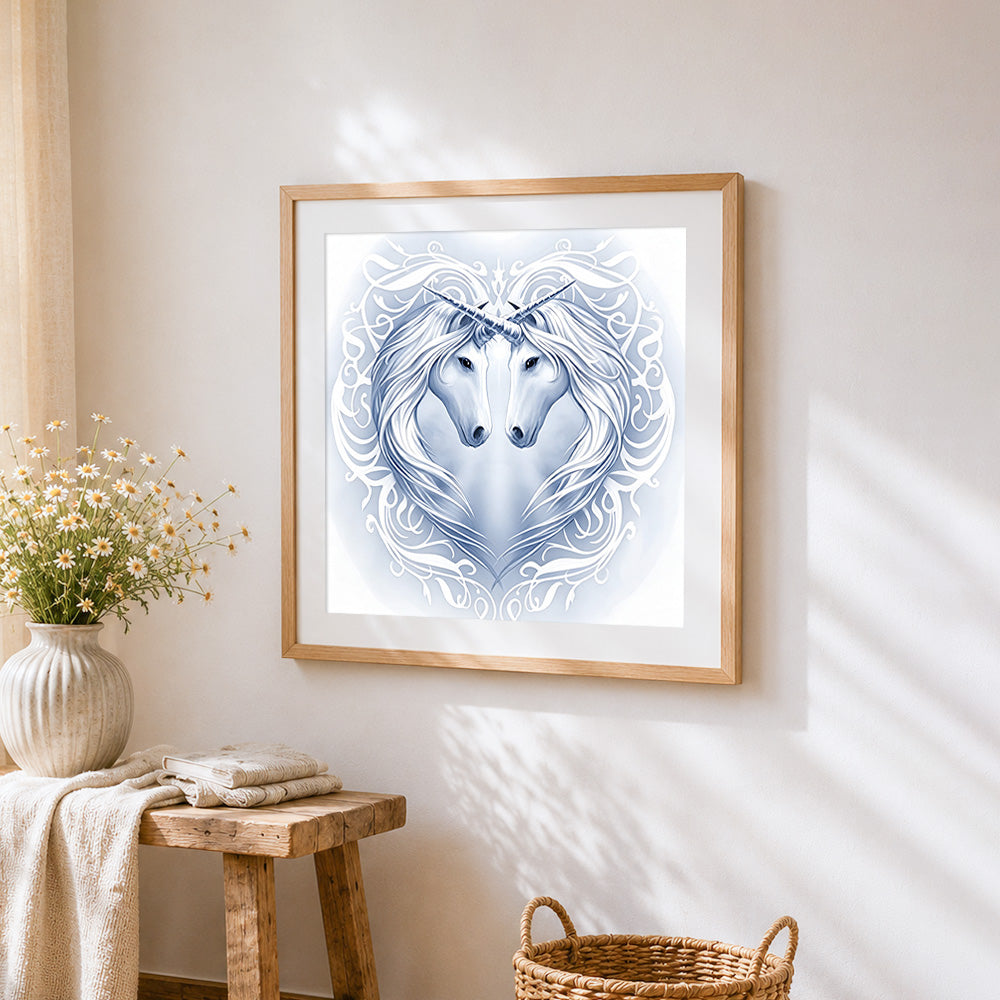 Elegant white unicorns in a heart cross stitch artwork displayed on wall as home decor