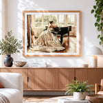 Finished elegant woman at a grand piano cross stitch artwork displayed