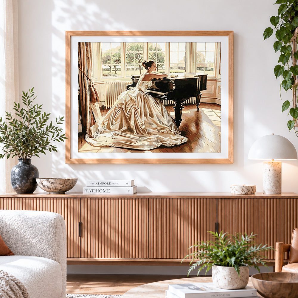 Finished elegant woman at a grand piano cross stitch artwork displayed