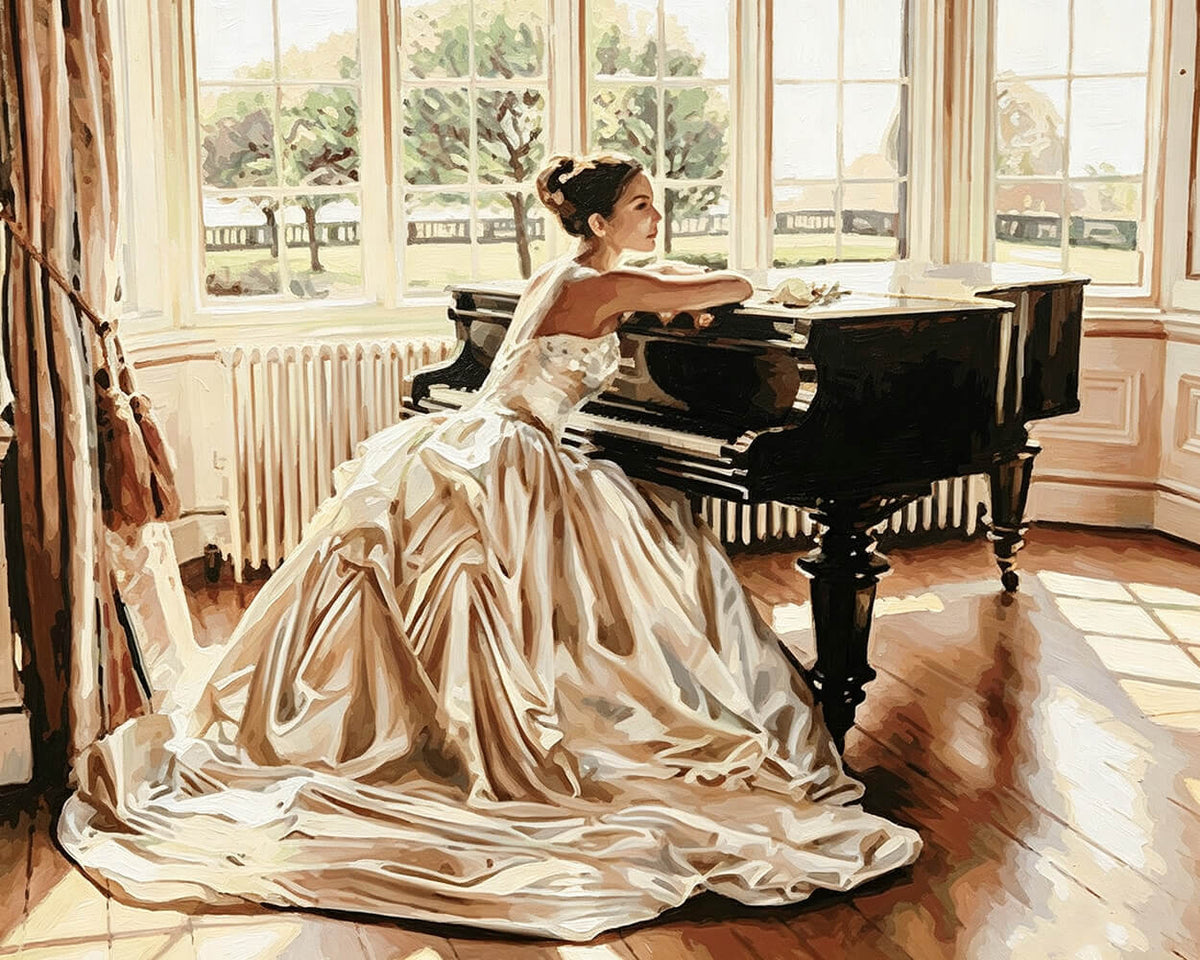 Elegant woman at a grand piano cross stitch kit for beginners