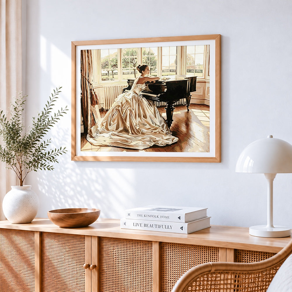 Elegant woman at a grand piano cross stitch artwork displayed on wall as home decor