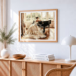 Elegant woman at a grand piano cross stitch artwork displayed on wall as home decor