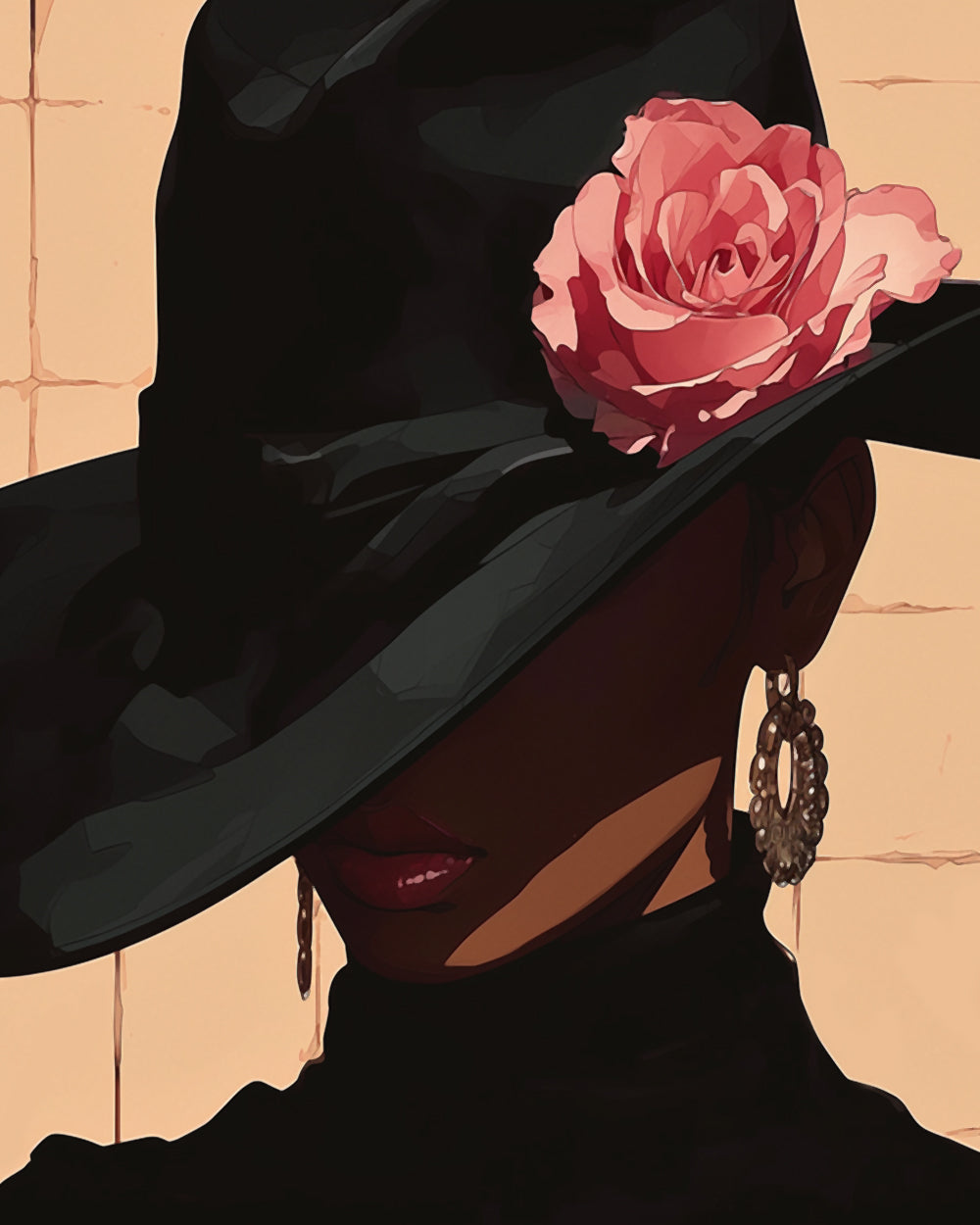 Elegant woman in black hat with rose cross stitch kit for beginners