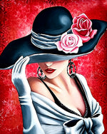 Elegant woman in black hat with roses cross stitch kit for beginners