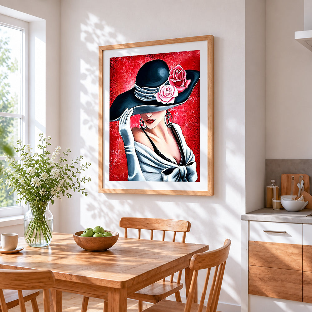 Elegant woman in black hat with roses cross stitch artwork displayed on wall as home decor