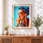 Finished elegant woman with blue hair cross stitch artwork displayed