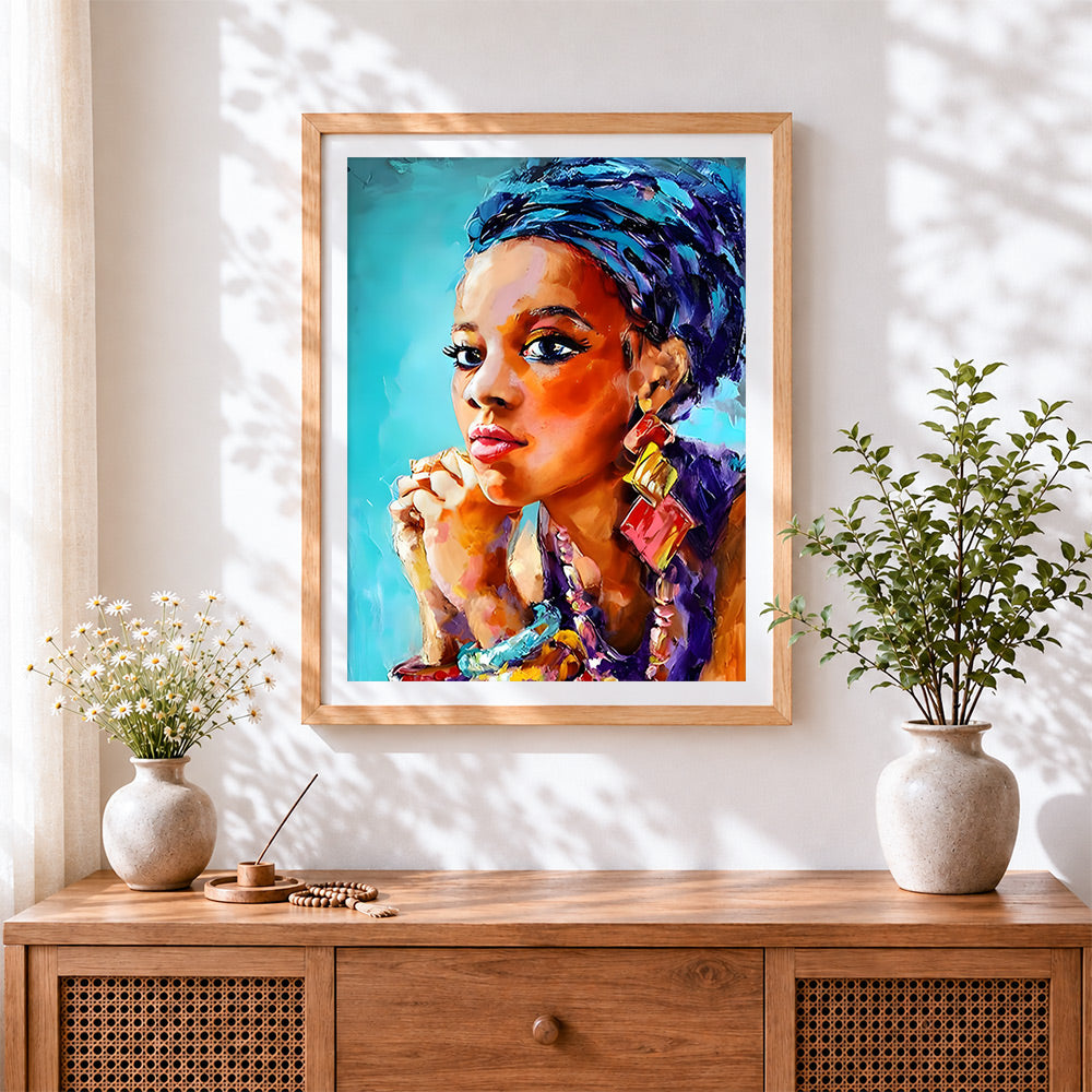 Finished elegant woman with blue hair cross stitch artwork displayed