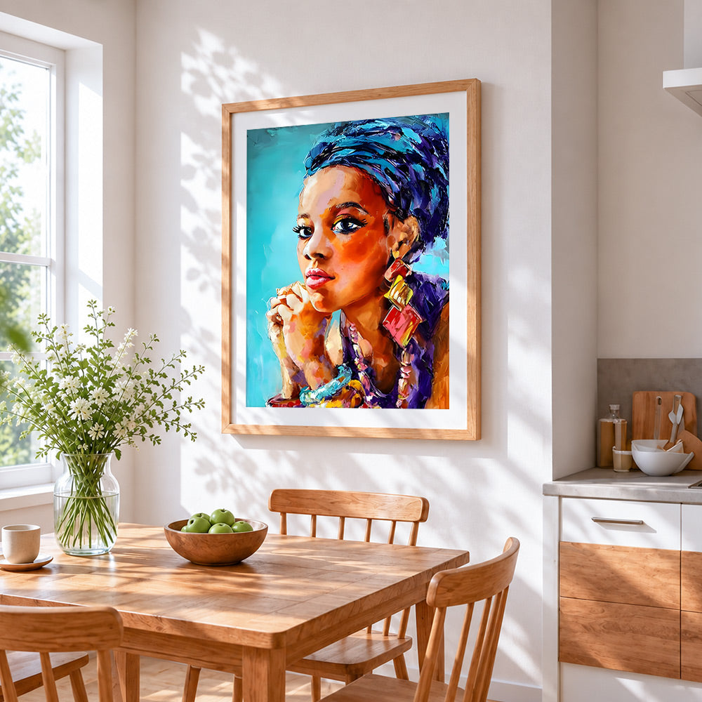 Elegant woman with blue hair cross stitch artwork displayed on wall as home decor