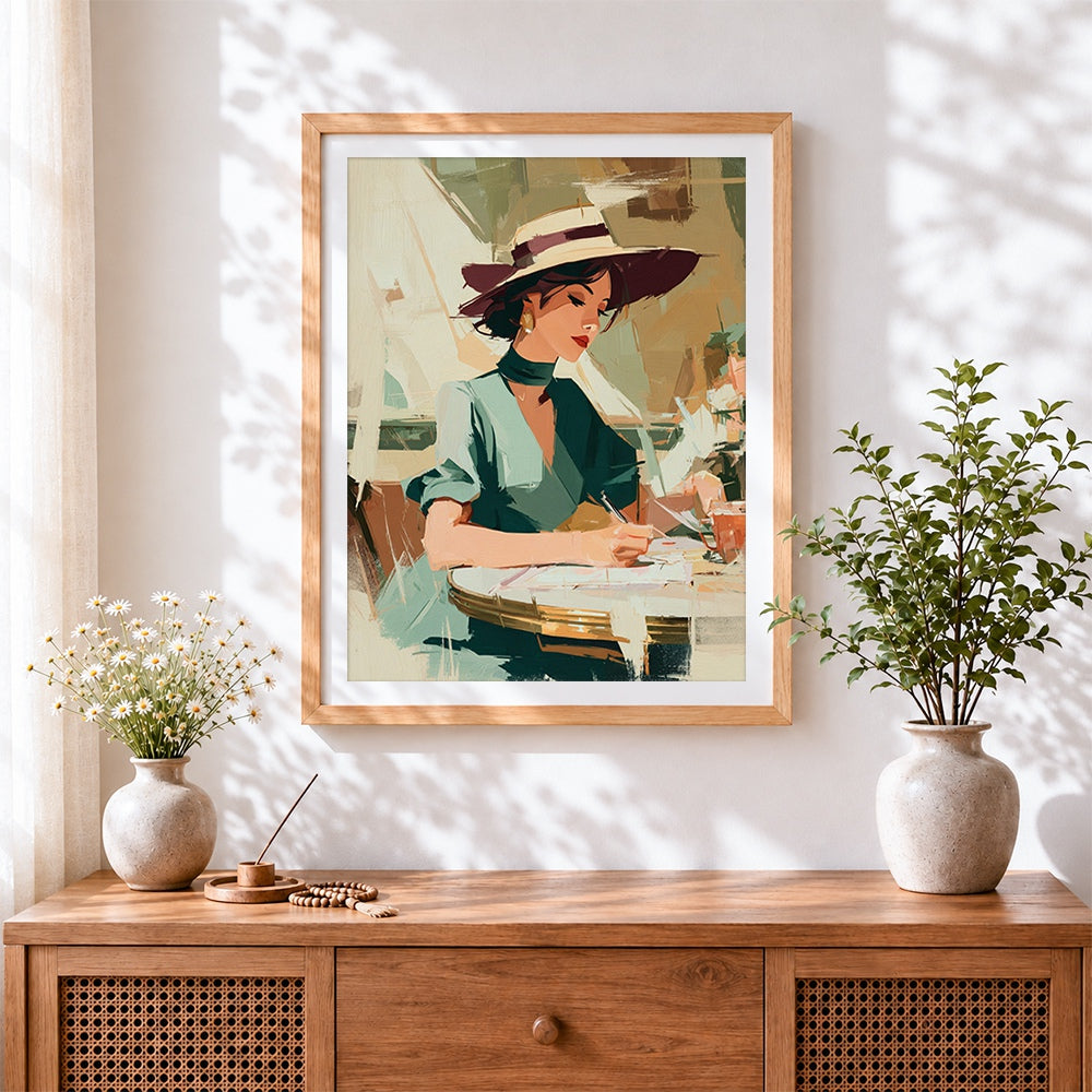 Finished elegant woman writing in cafe cross stitch artwork displayed