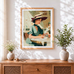 Finished elegant woman writing in cafe cross stitch artwork displayed