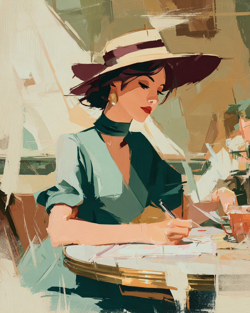 Elegant woman writing in cafe cross stitch kit for beginners