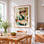 Elegant woman writing in cafe cross stitch artwork displayed on wall as home decor