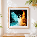 Finished elemental phoenix fire and water cross stitch artwork displayed