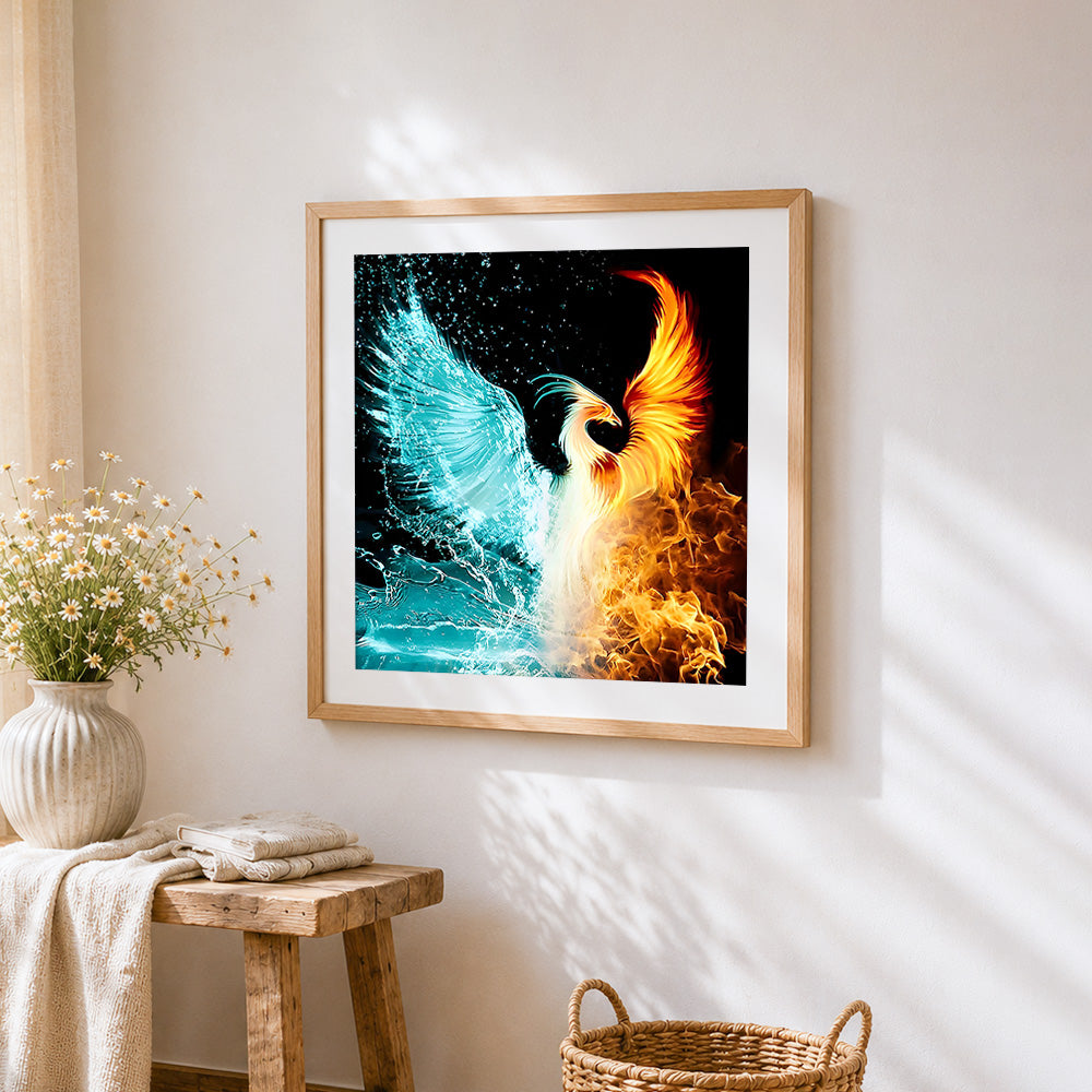 Elemental phoenix fire and water cross stitch artwork displayed on wall as home decor
