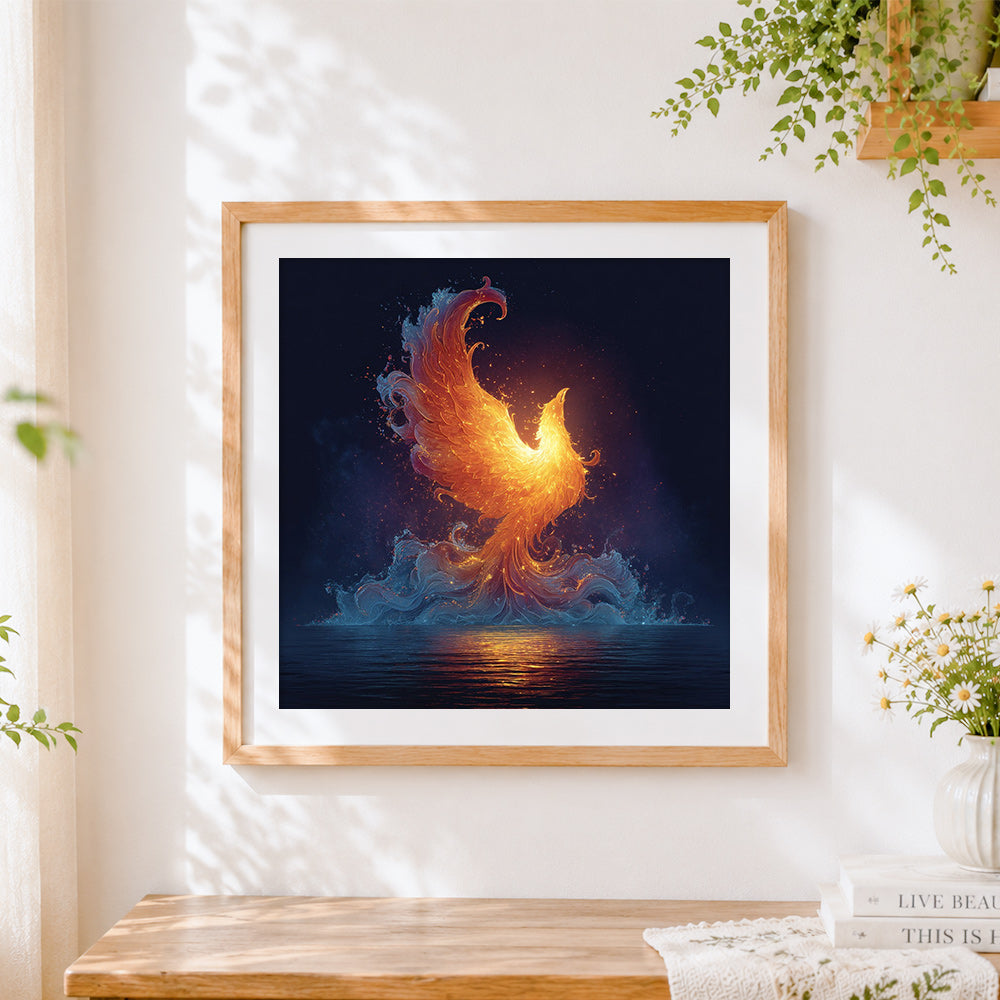 Finished elemental phoenix rising from water cross stitch artwork displayed