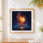 Finished elemental phoenix rising from water cross stitch artwork displayed