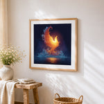 Elemental phoenix rising from water cross stitch artwork displayed on wall as home decor