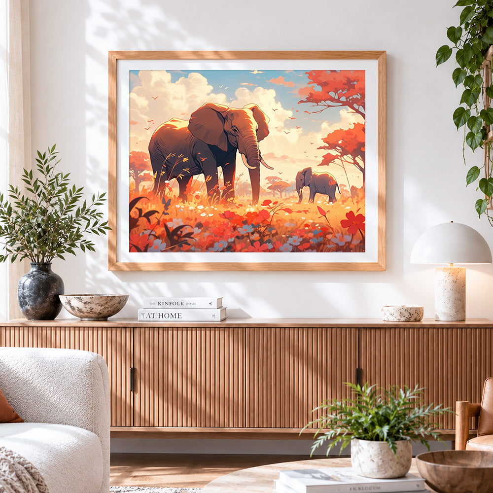 Finished elephant and calf in a floral meadow cross stitch artwork displayed