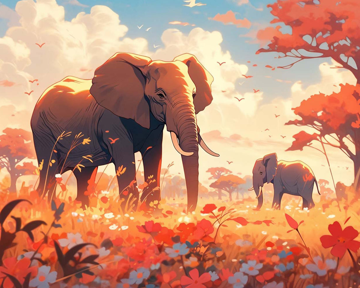 Elephant and calf in a floral meadow cross stitch kit for beginners