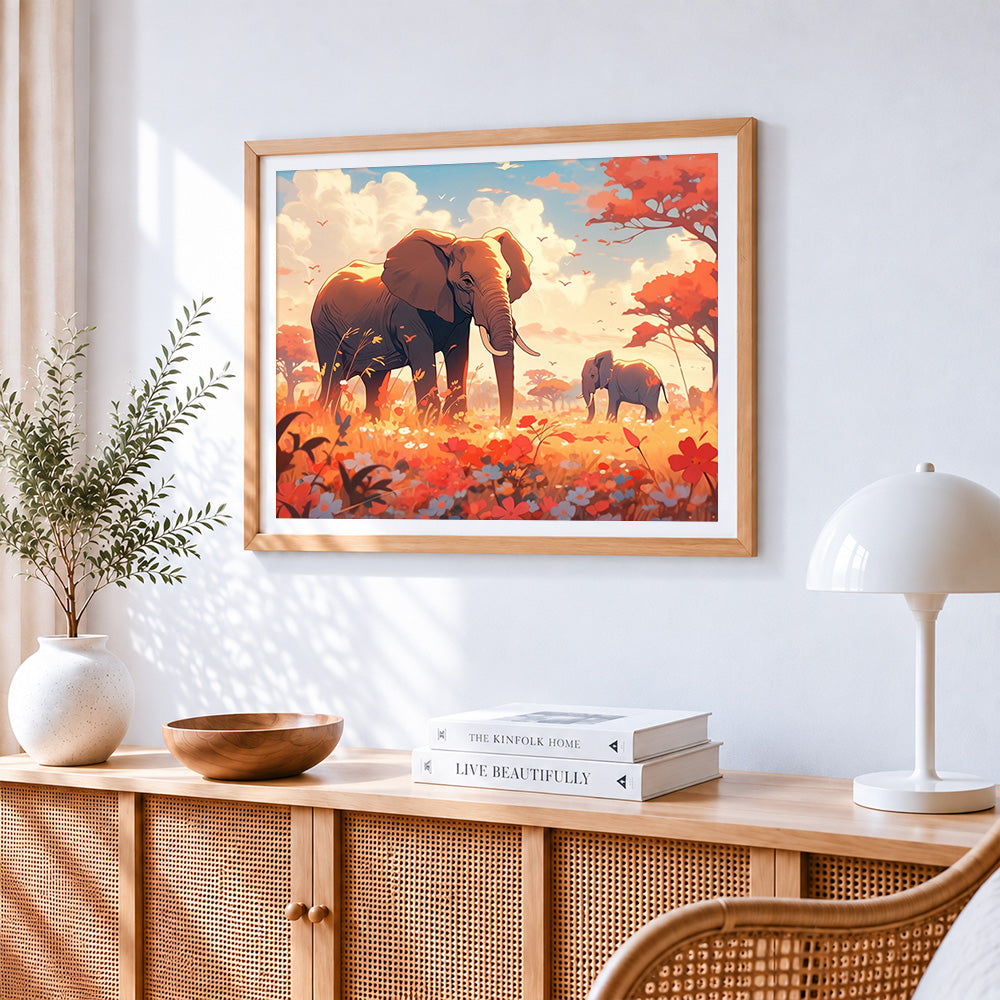 Elephant and calf in a floral meadow paint by numbers artwork displayed on wall as home decor