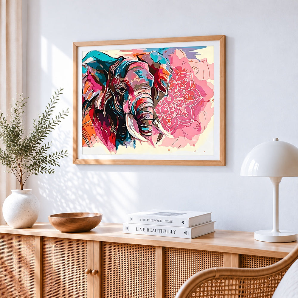 Elephant and pink mandala cross stitch artwork displayed on wall as home decor