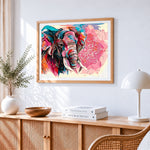 Elephant and pink mandala cross stitch artwork displayed on wall as home decor
