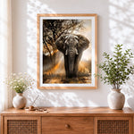 Finished elephant at sunset cross stitch artwork displayed