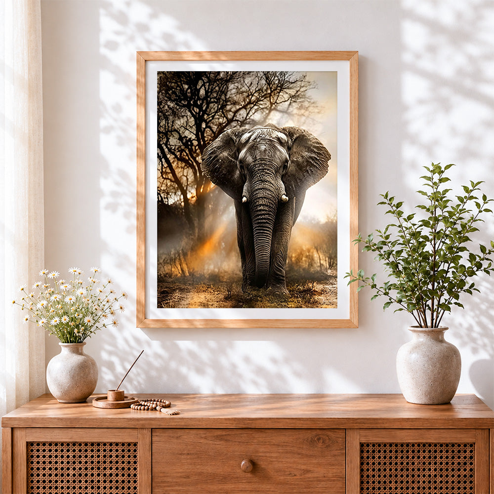 Finished elephant at sunset cross stitch artwork displayed