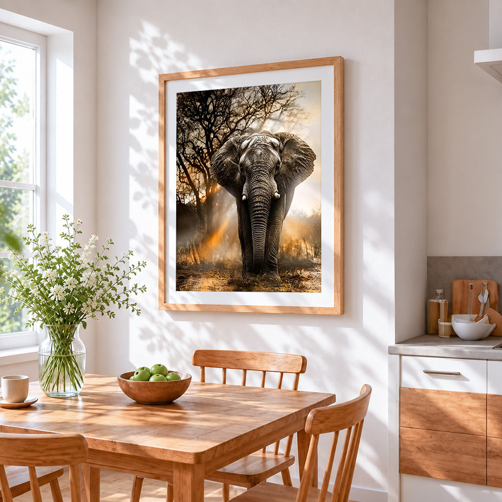 Elephant at sunset cross stitch artwork displayed on wall as home decor
