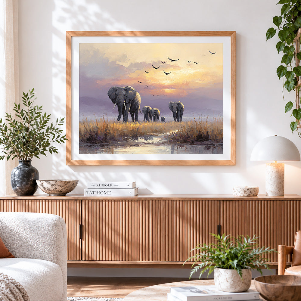 Finished elephant family at sunset cross stitch artwork displayed