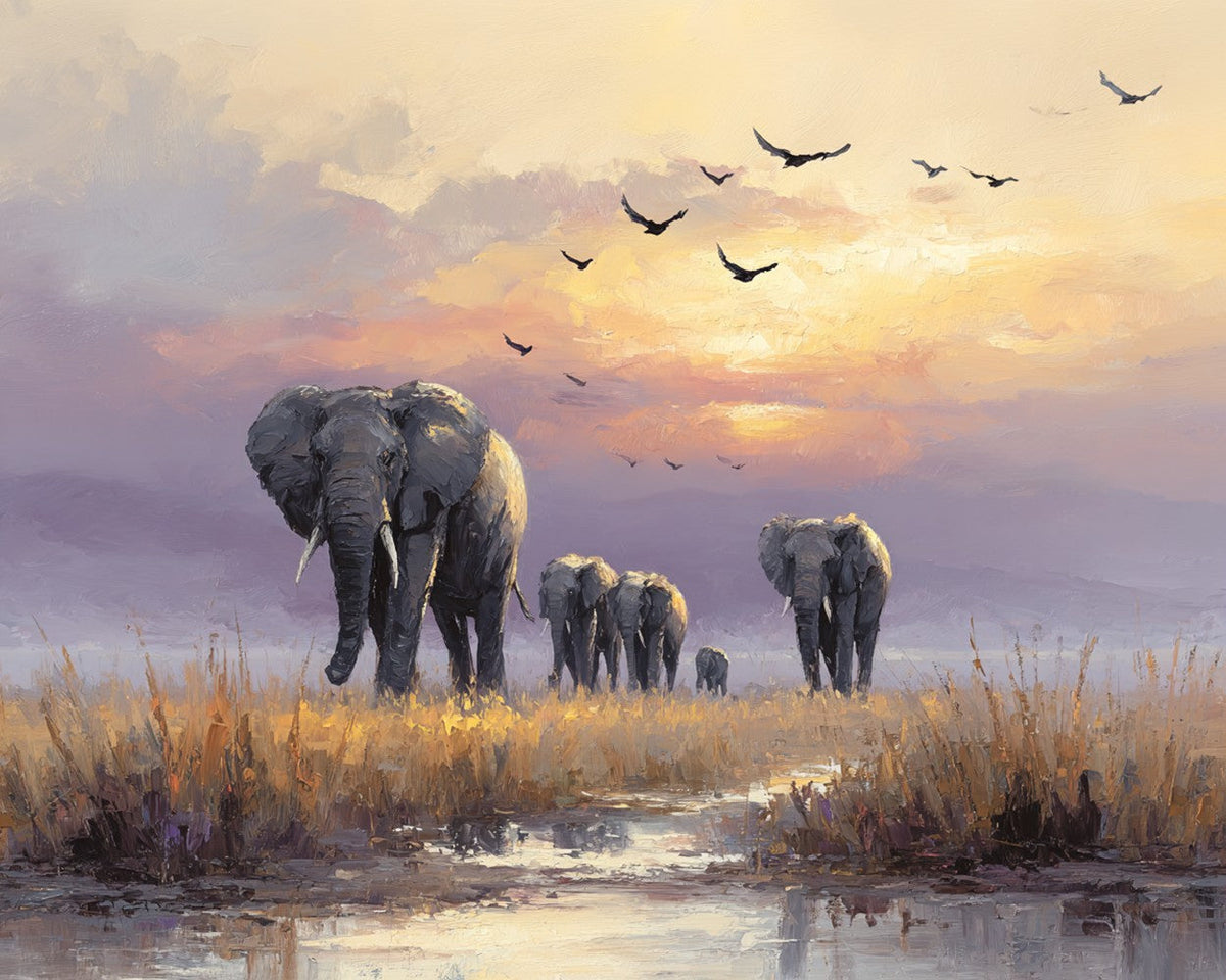 Elephant family at sunset cross stitch kit for beginners