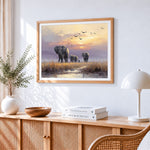 Elephant family at sunset paint by numbers artwork displayed on wall as home decor