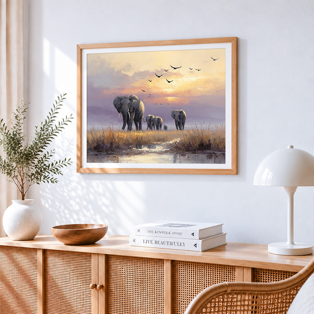 Elephant family at sunset paint by numbers artwork displayed on wall as home decor