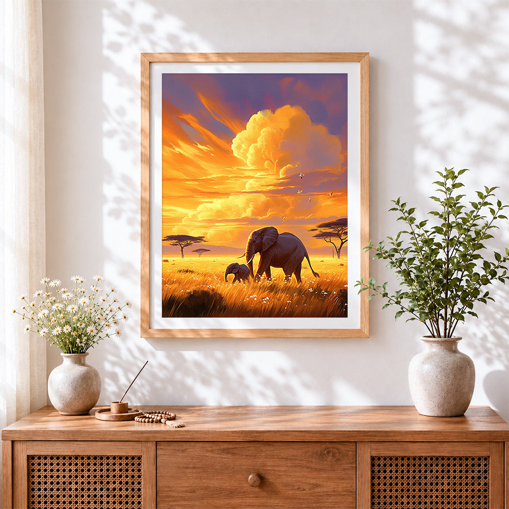Finished elephant family on golden savanna cross stitch artwork displayed