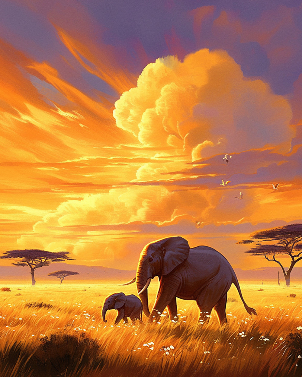 Elephant family on golden savanna cross stitch kit for beginners