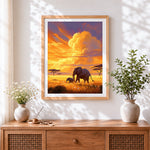 Finished elephant family on golden savanna paint by numbers artwork displayed as home decor