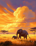 Elephant Family on Golden Savanna paint by numbers kit for beginners