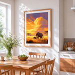 Elephant family on golden savanna paint by numbers artwork displayed on wall as home decor