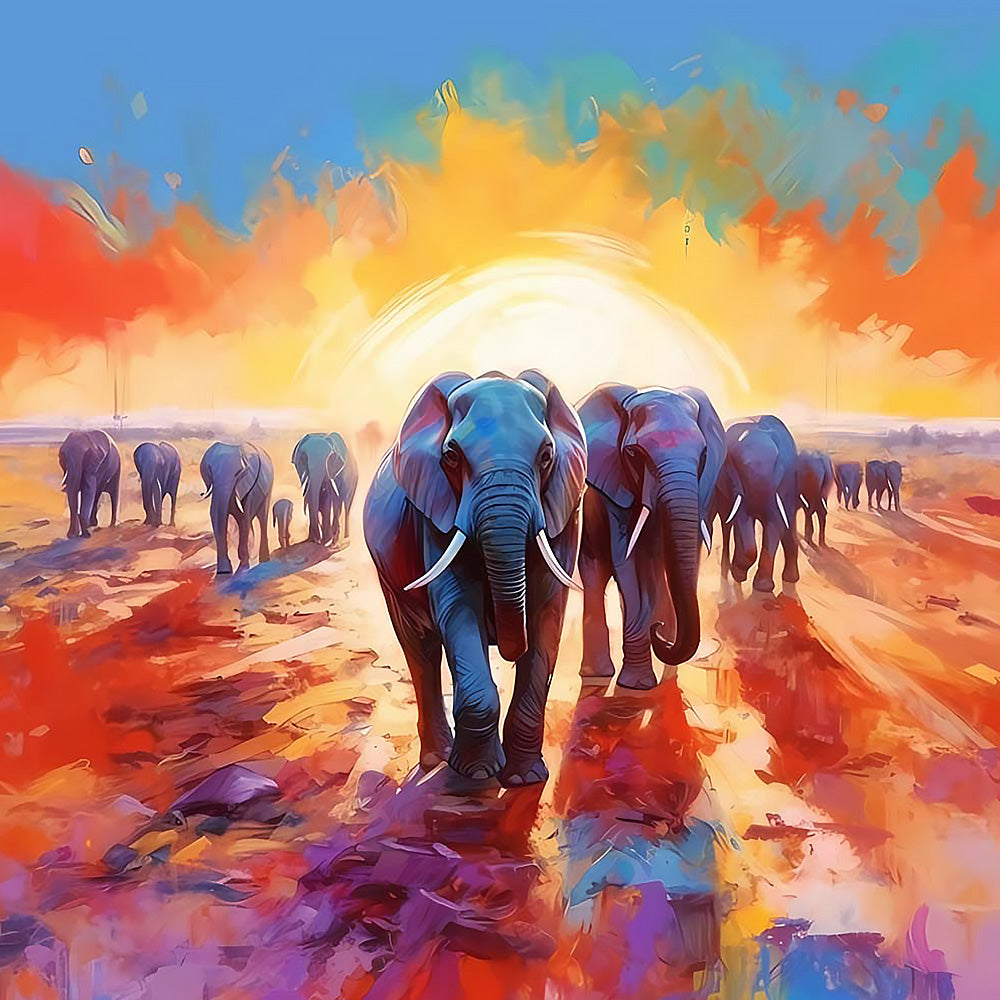 Elephant herd at sunset cross stitch kit for beginners