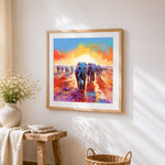 Elephant herd at sunset cross stitch artwork displayed on wall as home decor