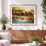 Finished elephant herd by the water cross stitch artwork displayed