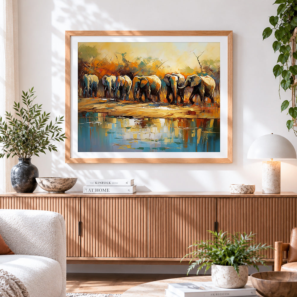 Finished elephant herd by the water cross stitch artwork displayed