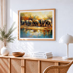Elephant herd by the water cross stitch artwork displayed on wall as home decor