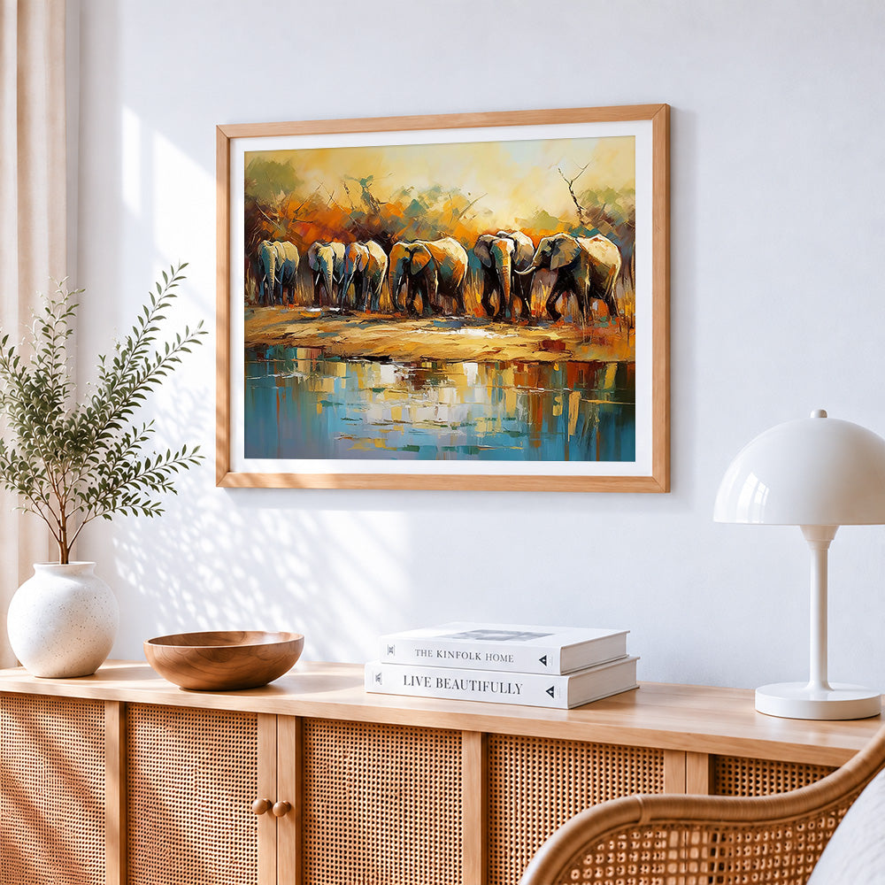 Elephant herd by the water paint by numbers artwork displayed on wall as home decor